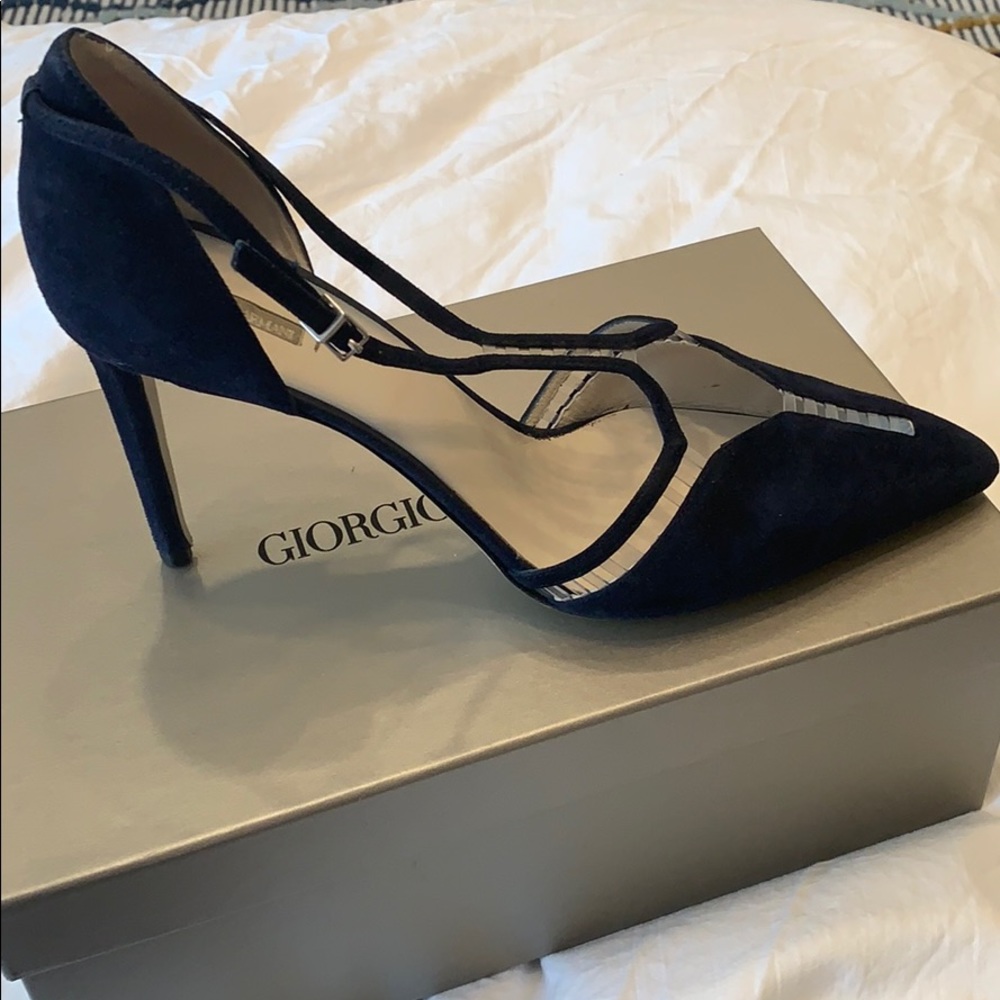 Giorgio Armani navy suede ankle strap pumps